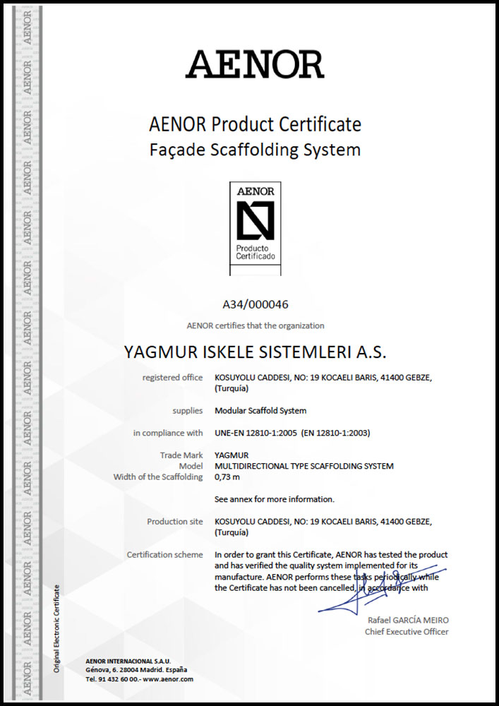 aenor product certificate - CERTIFICATE
