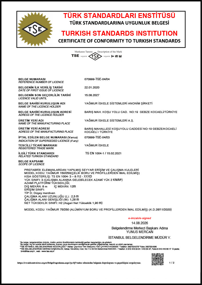 yagmur scaffolding tse 1004 - CERTIFICATE
