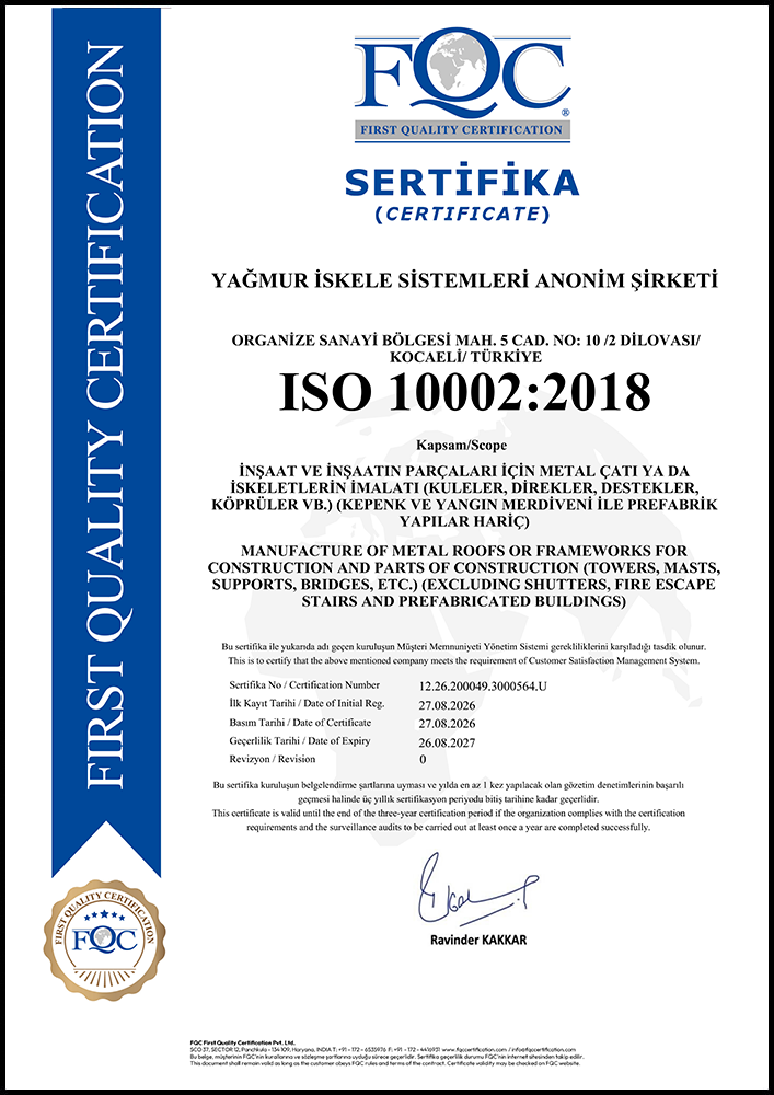 Scaffolding Certifications: AENOR, NF 096, TS EN ISO 10002 26 08 2027 - Scaffolding Certifications: AENOR, NF 096, TS EN