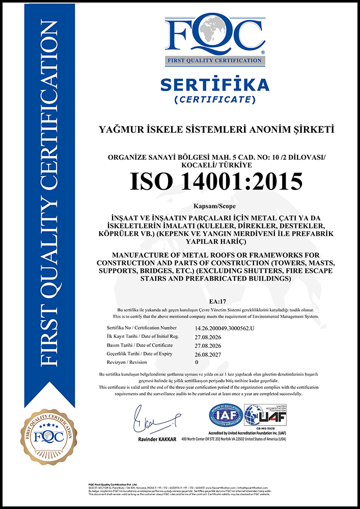 Scaffolding Certifications: AENOR, NF 096, TS EN ISO 14001 26 08 2027 - Scaffolding Certifications: AENOR, NF 096, TS EN